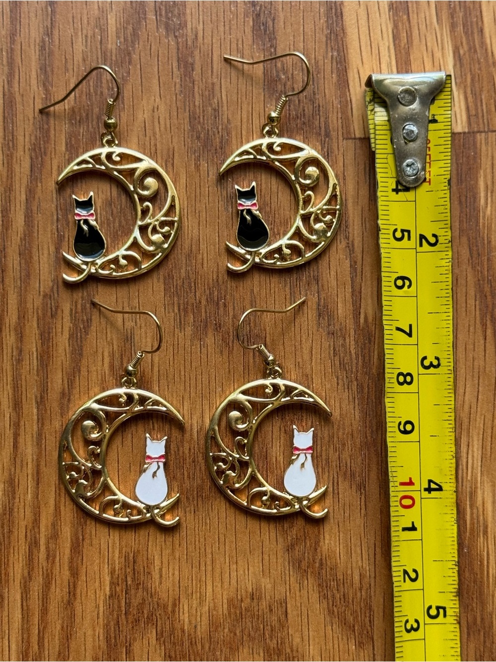 Gold Crescent Moon Cat Drop Earrings - Black & White Cat Options